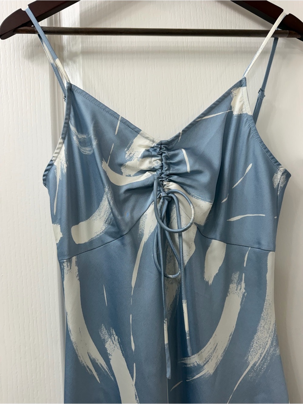 Blu Pepper Blue and White Abstract Midi Dress with Front Drawstring